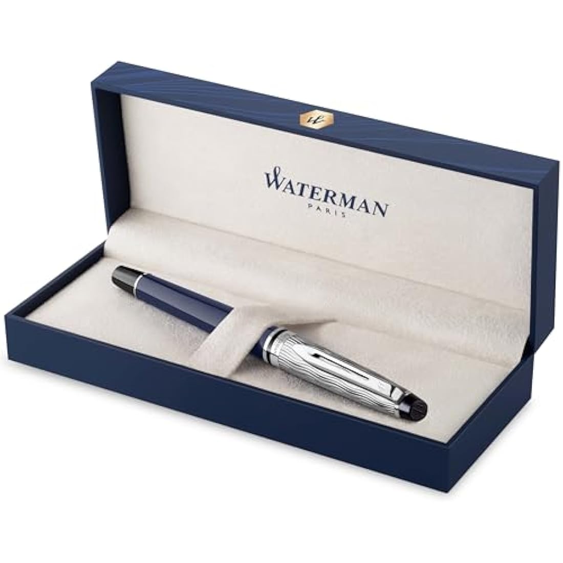 Waterman Expert Rollerball Pen | Metal & Blue Lacquer | Chiselled Cap | Black Ink | Gift Box