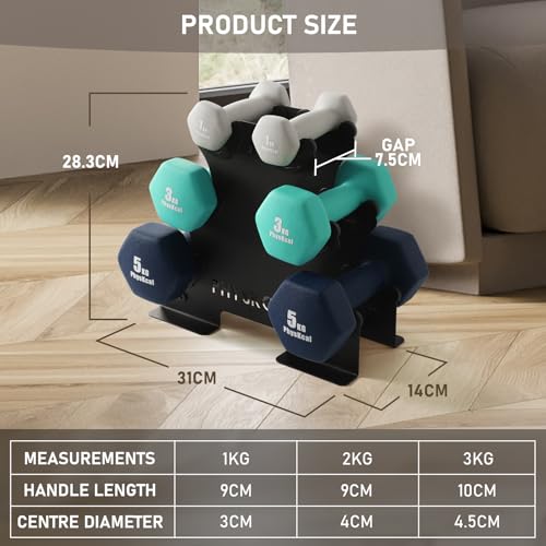 PhysKcal Blue 18kg Dumbbells Set, 2 x 1kg, 2 x 3kg, 2 x 5kg Dumbbells Weights Set with Steel Rack, Hand Weights with Storage Rack