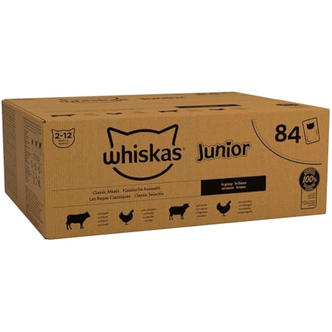 whiskas Junior Classic Selection in Gravy 84 Pouches, Wet Kitten and Cat Food, Selection of Beef, Lamb, Chicken and Poultry, Megapack (84 x 85 g)