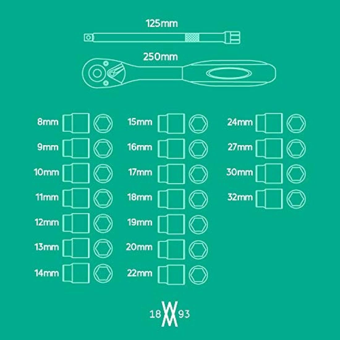 WIESEMANN 1893 Socket Wrench Set 20 pcs with 1/2" Ratchet, 8mm - 32mm Hexagon bit Inserts and Extension 125mm Chrome Vanadium Steel with Holder from I 80041