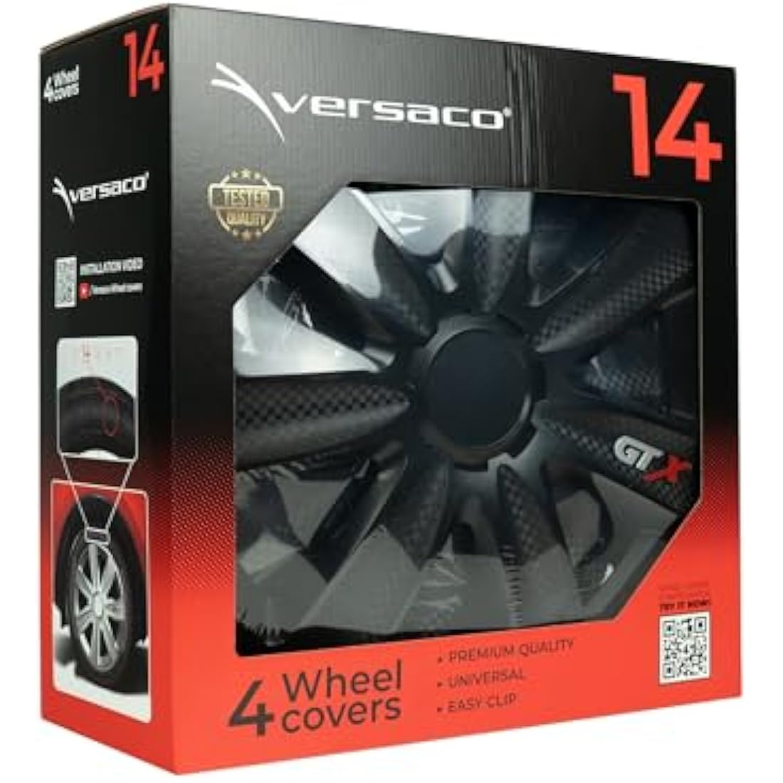 Versaco Car Wheel Trims GTXCARBLK14 - Black 14 Inch 7-Spoke - Boxed Set of 4 Hubcaps - Includes Fittings/Instructions