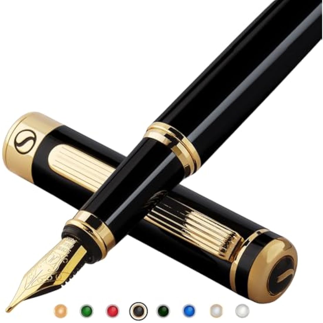 Scriveiner Black Lacquer Fountain Pen - Stunning Luxury Pen, Real Gold Plating, Schmidt Gilded Nib (Medium), Best Pen Gift Set for Men & Women, Professional, Executive, Office, Nice Pens
