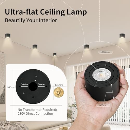 GeyouLux Dimmable LED Adjustable Projection Spotlight, 5 W Ceiling Spotlights, Diameter 80 x 50 mm, 3000 K/4000 K/6500 K, 30 Rotation Bathroom