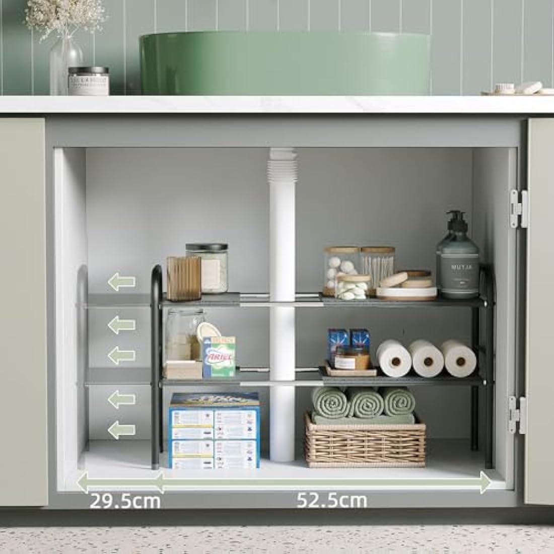 NETEL Expandable Under Sink Storage, 2 Tier Under Sink Storage with 8 Plates,Metal Side Bracket,Kitchen Cupboard Organiser, Extendable Shelf for Cupboard, Kitchen Shelf Organiser,Width 52-82cm