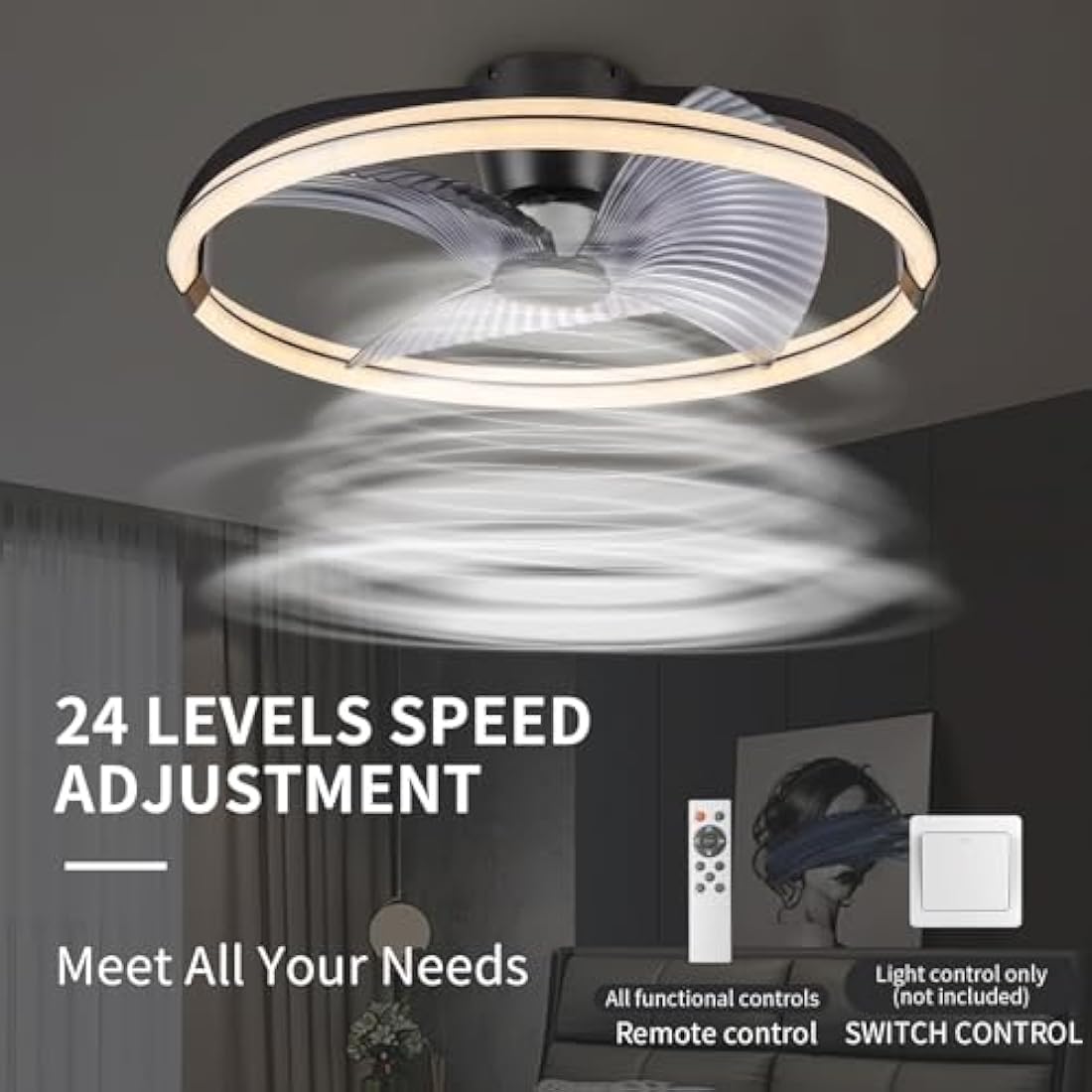 BKZO 73CM LED Ceiling Light with Fan, Ceiling Fan Lights 6 Levels Wind Speeds, Stepless Dimming Light, Modern Fan Lighting for Living Room, Dining Room, Bedroom, Office, 3000-5500K