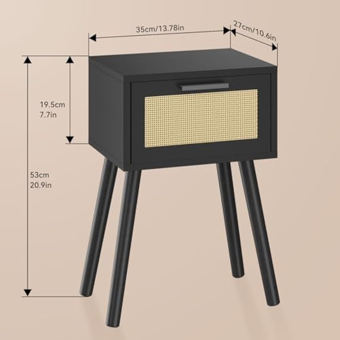 YMYNY Nightstand Set of 2, End Table, Small Bedside Table, Handmade Rattan Decorated Drawer, Solid Wood Legs, 35×27×53cm, Modern Side Table for Bedroom, Living Room, Black HST010B-2