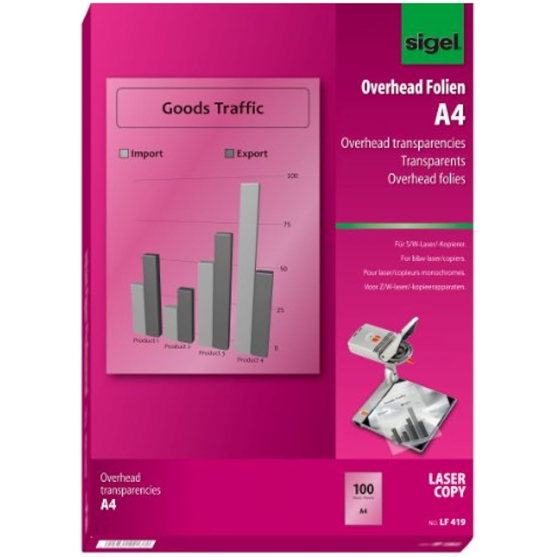 SIGEL LF419 Transparency Film for Laser/Copier BandW, clear, coated, auto feed, for double-sided printouts, 100 mic, A4, 100 sheets