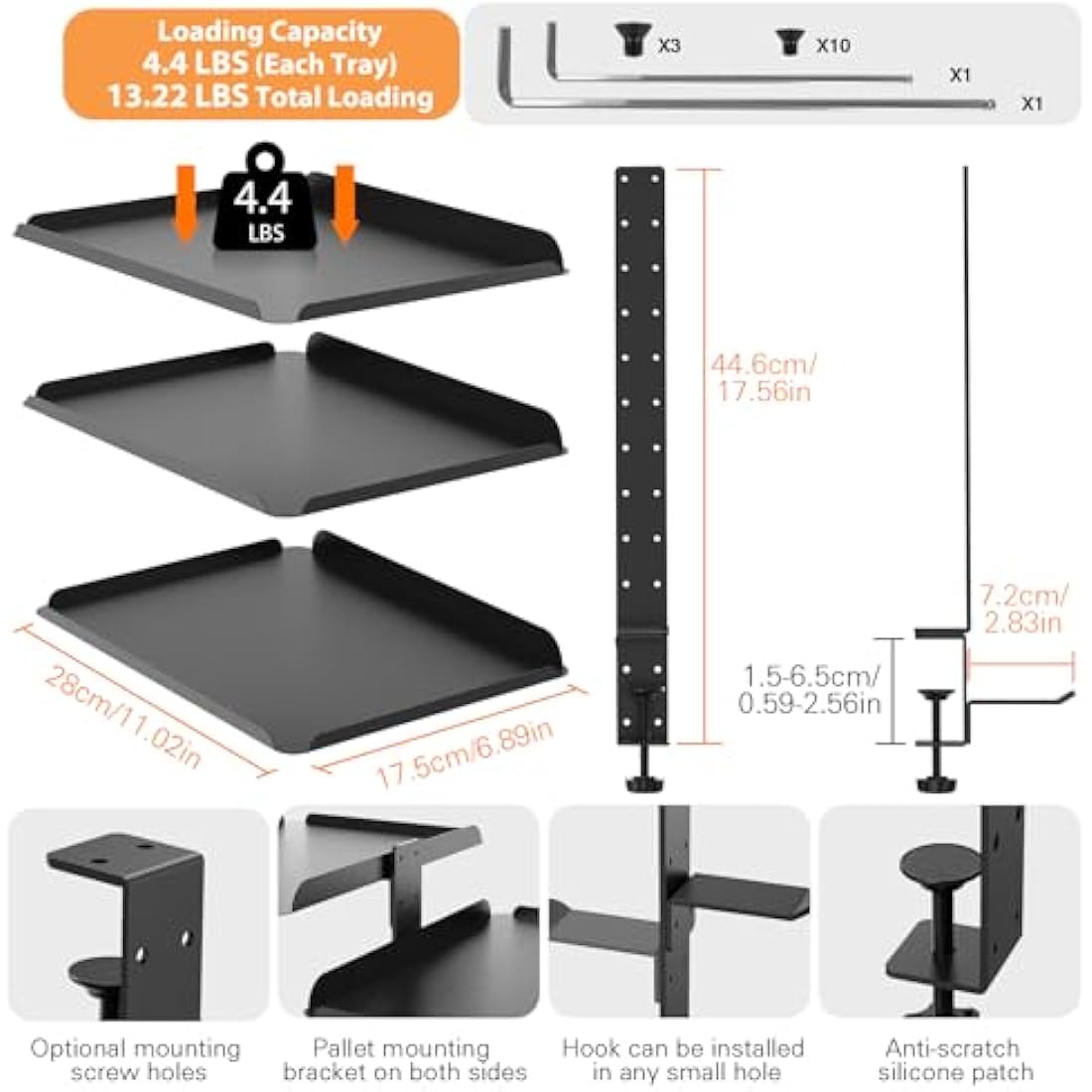 ROLIZOE Clamp On Desk Shelf Organiser with Adjustable Metal Tray & Headphone Stand 3 Tier Shelving Unit Above or Under Desk Storage No Drill Extender Shelves Anti-Slip Desktop Shelf for Home Office