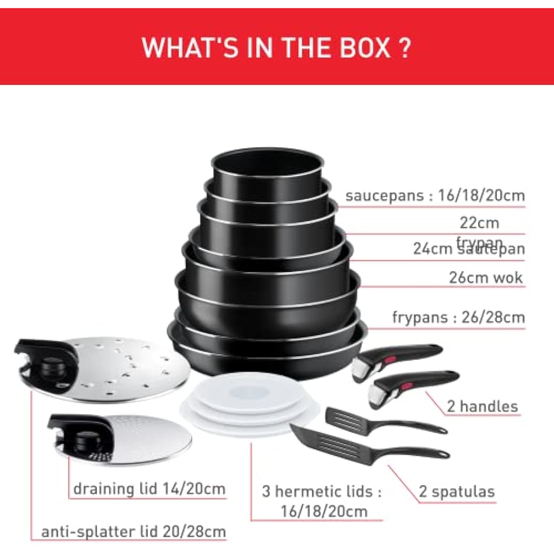 Tefal Ingenio Easy On 20 Piece Set, Pots & Pans Set, Stackable, Easy Cleaning, Non-Stick Coating, Removable Handle, Heat Indicator, All hobs Compatible excluding Induction, L1599402