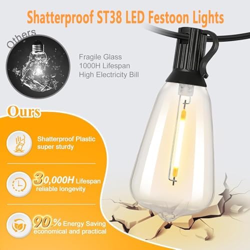 Skeerei 30M Festoon Lights Outdoor Mains Powered Led Garden Lights String with Vintage 52pcs 2700K Warm White for Pegola, Patio, Gazebo, Backyard,Terrace, Party,Wedding [Energy Class G]