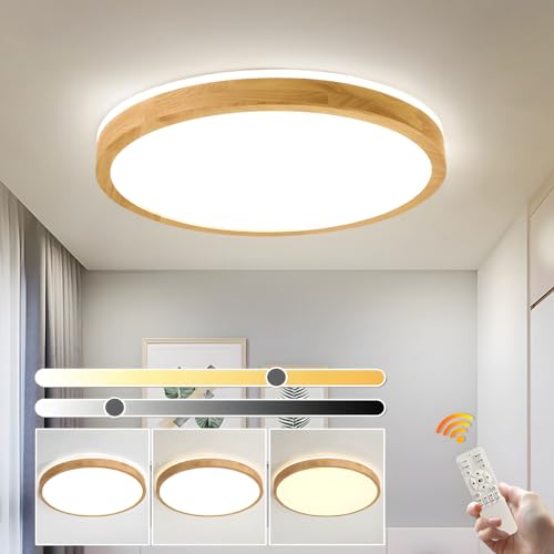 YYUTLUO LED Ceiling Light Wood, Top 360 Glow Round Natural Wooden Lamp | Dimmable with Remote Control 2700K-6500K, 36W | Living Room, Dining Room,