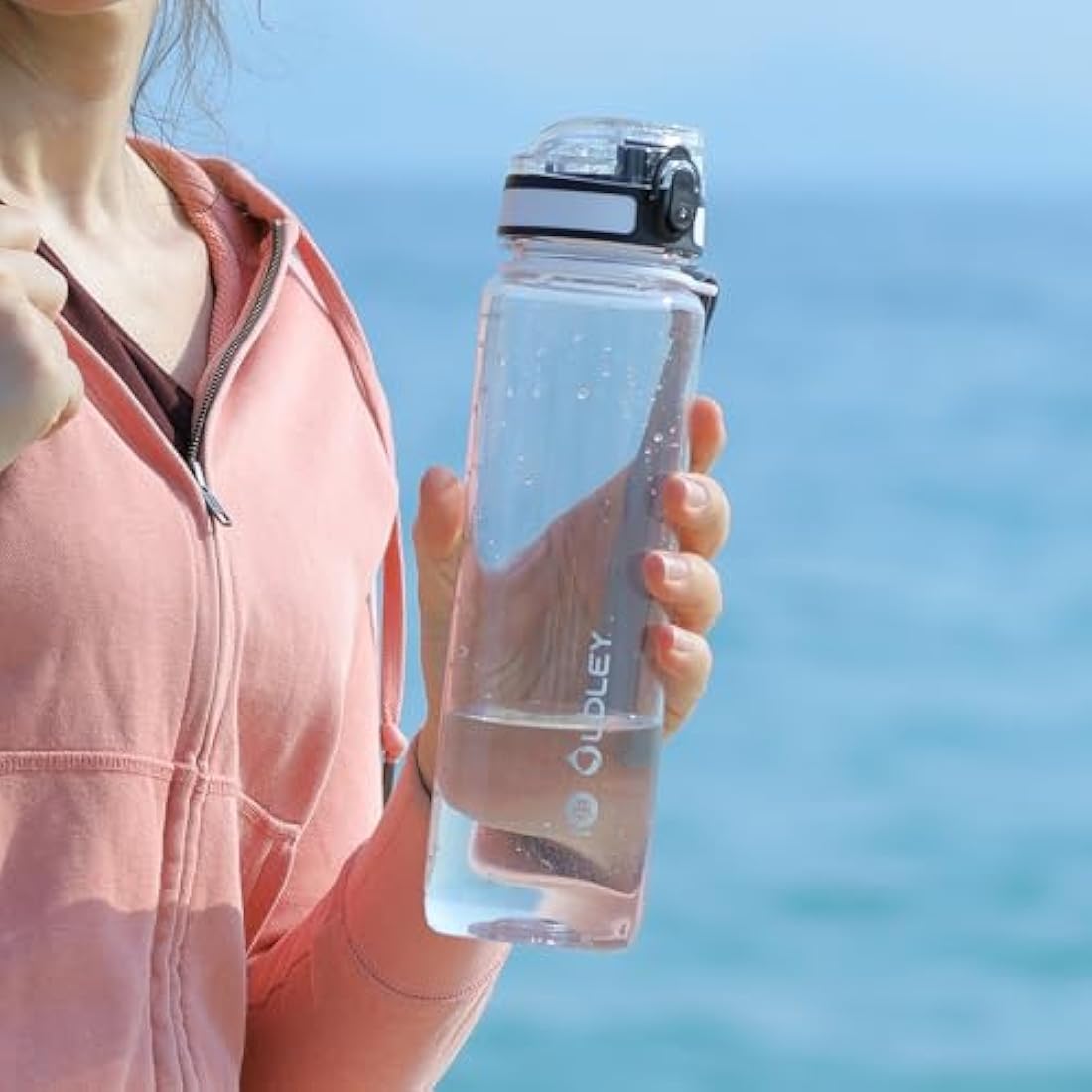 OLDLEY 1L/32oz Sports Water Bottle, 1000ml Motivational Drinks Bottle with Time Markings Leak Proof Drink & Lock Cover & No Straw, BPA Free for Adults Women Men Gym School Cycling Running Hiking