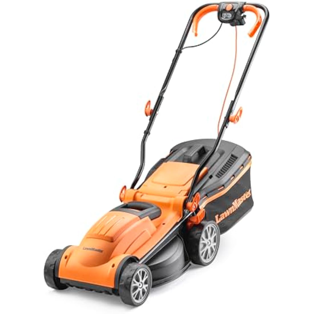 LawnMaster 1400W Electric Lawn Mower with 34cm cutting width, ideal for small to medium sized lawns. With 6 adjustable cutting heights and rear roller for striped finish, 2 year guarantee