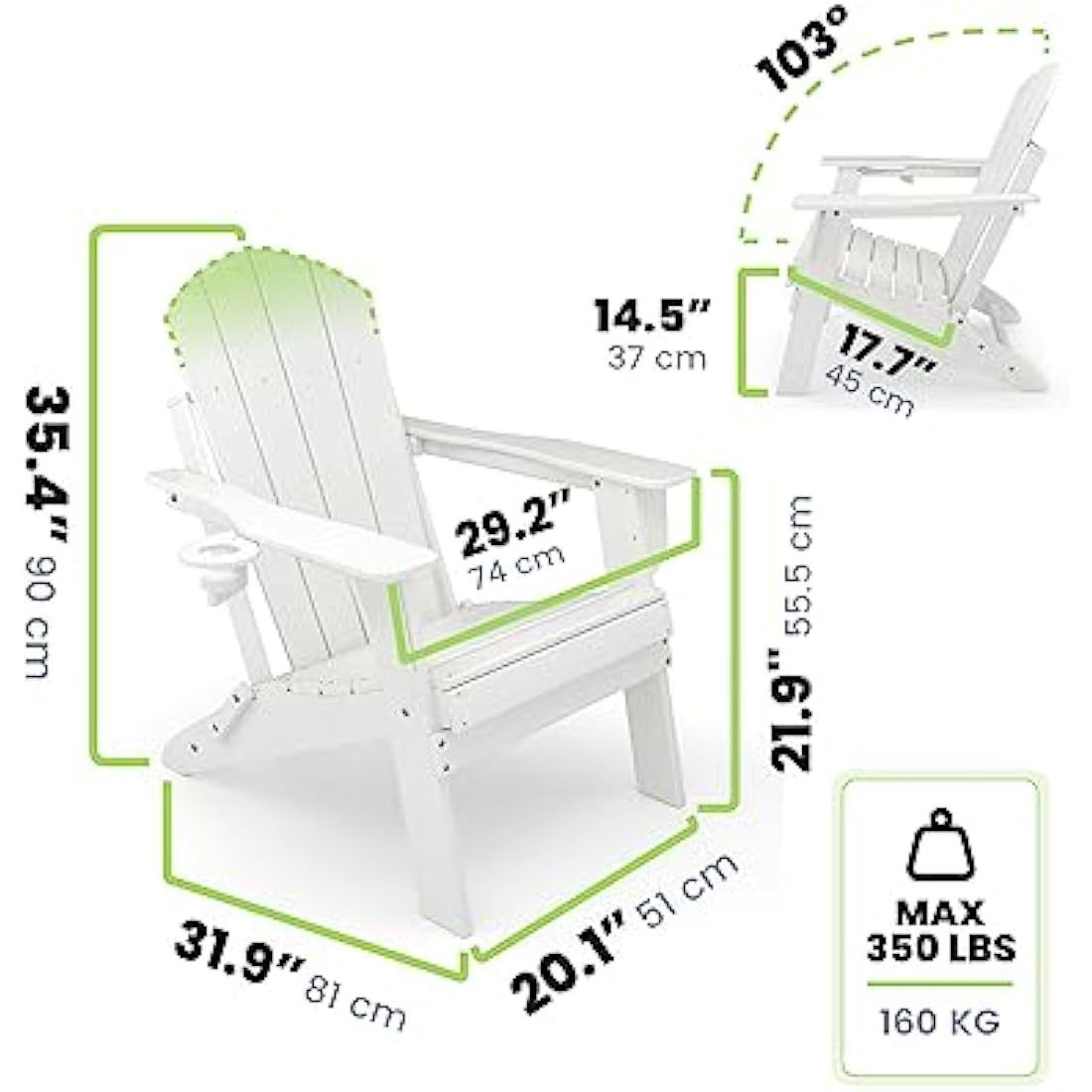 Sleek Space Adirondack Folding Chair for Garden, Patio or Deck - Arm Rests and Cup Holder - Lightweight, Weatherproof - Stylish, Durable Outdoor Furniture for Fire Pit, Beach, Poolside, Porch (White)