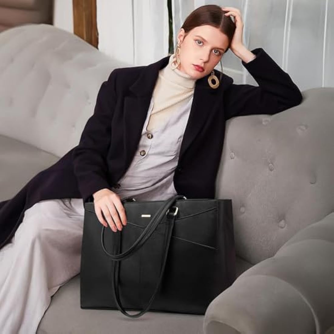LOVEVOOK Laptop Bags for Women Tote Bag 15.6 Inch, Ladies Handbags PU Leather Work Bag for Office Business Shopping, Large Womens Hand Bag with Laptop Compartments, Black
