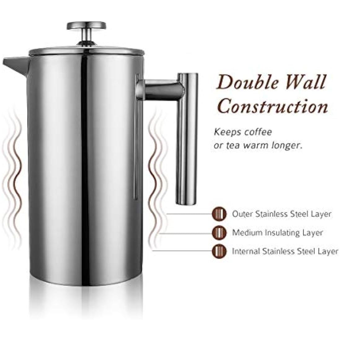 MaxMiuly Cafetiere Stainless Steel French Press Large Insulated Coffee Press, Double Wall Coffee & Tea Maker, 1.5L / 50 OZ-Bonus with Two Coffee Filter Screens(1500ml Silver)