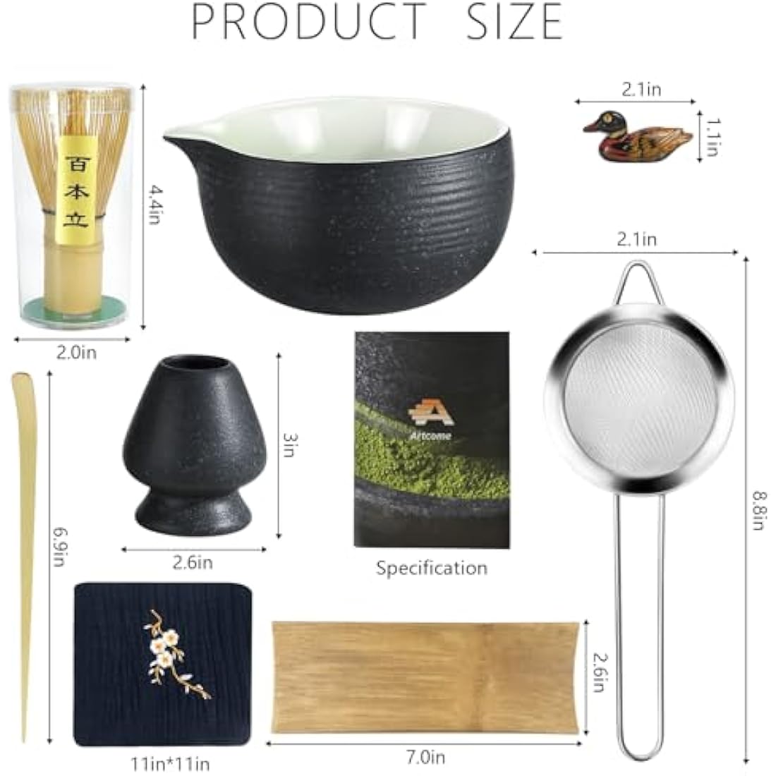 Artcome Bluestone Glaze Matcha Kit for Japanese Tea Ceremony, Bowl with Pouring Spout, Whisk, Tea Scoop, Matcha Powder Strainer, Matcha Tea Set For Making Usucha, Koicha and Matcha Latte (8 PCS)