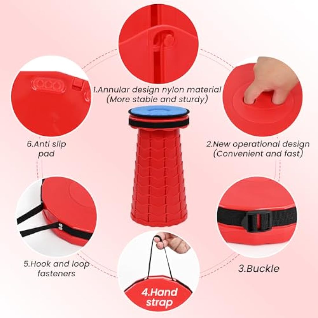 FXKS 2 Pack Folding Stool with Cushion,Retractable Portable Telescop Stool Max Load Capacity 400lbs, Lightweight Collapsible Stools for Fishing Camping Hiking Outdoor BBQ -Red