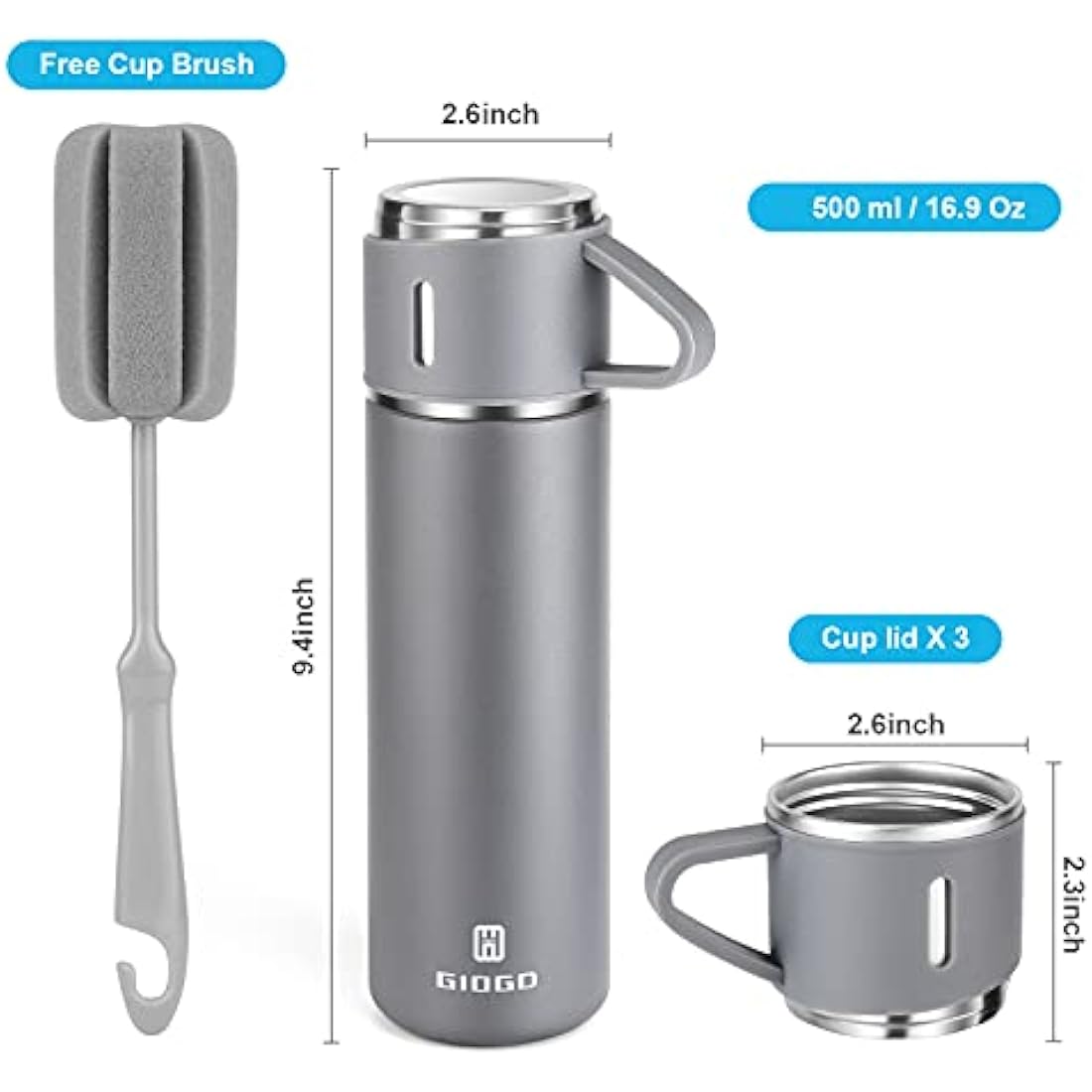 Vacuum Insulated Flask 500ml/16.9oz Stainless Steel Thermo Bottle with Cup for Coffee Water Hot and Cold Drink Flasks.(Gray,Single)
