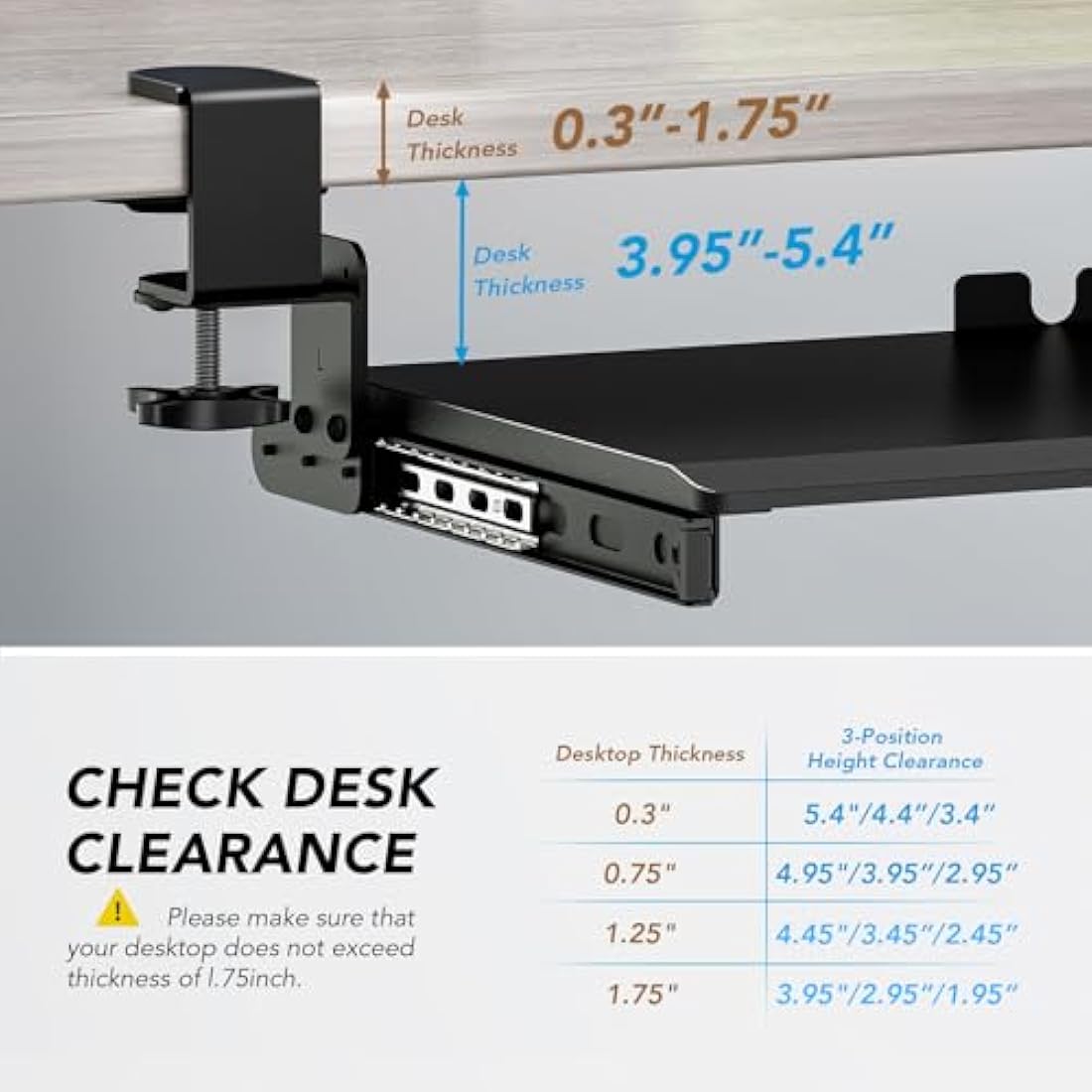 Keyboard Tray Under Desk Pull Out with Extra Sturdy C Clamp Mount System, 693.42 (825.5 mm Including Clamps) x 279.4 mm Slide-Out Platform Computer Drawer for Typing Black AX01WB01
