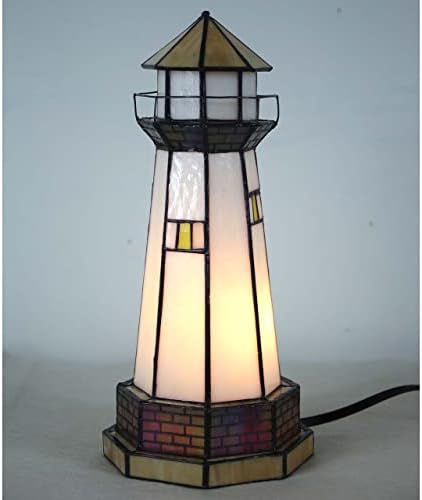 Bieye L30626 Lighthouse Tiffany Style Stained Glass Accent Table Lamp Night Light, 6" W x 12" H