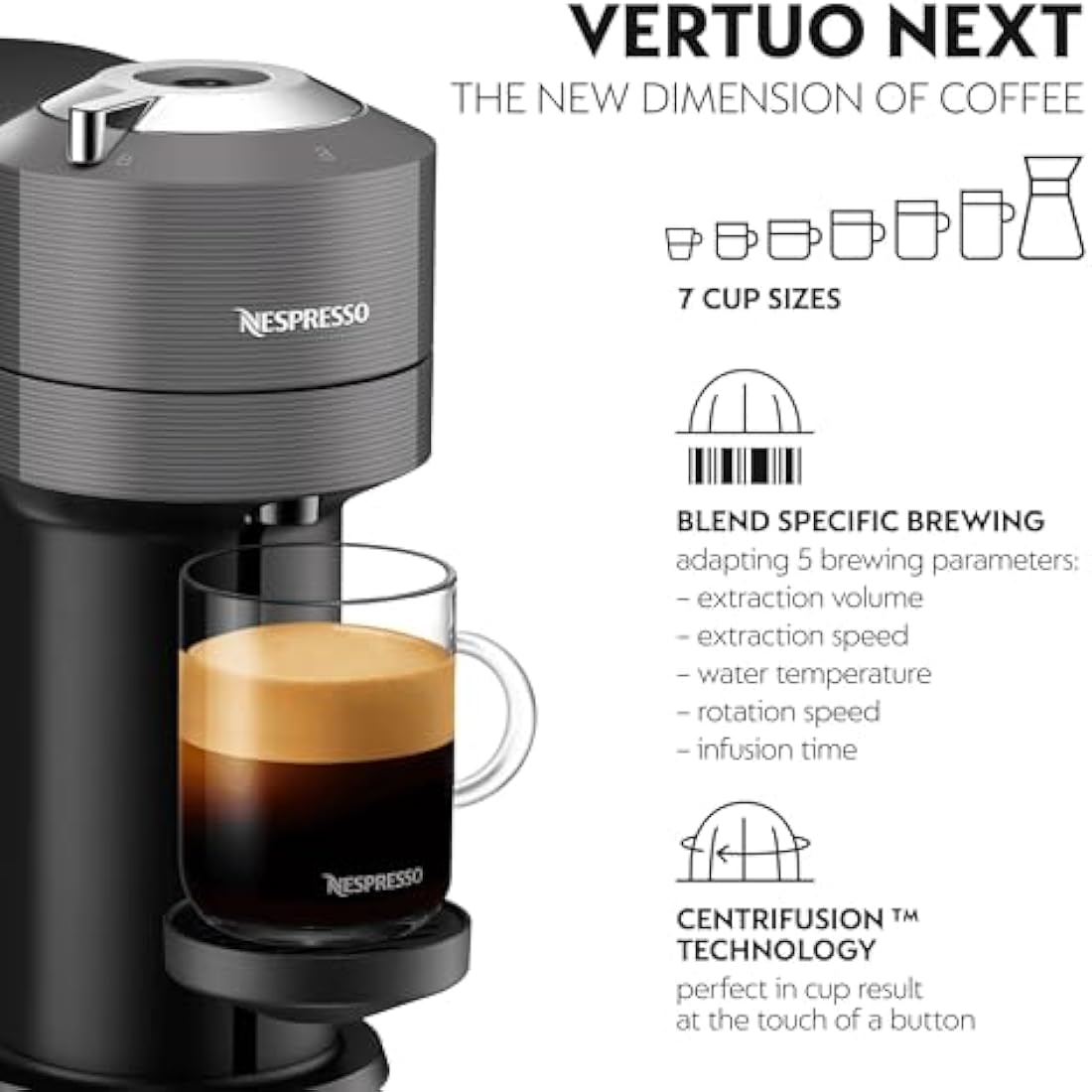 Nespresso Vertuo Next Coffee Machine by De'Longhi with Aeroccino Milk Frother, Over 30 Varieties of Pods, 6 Coffee Cup Sizes, Latte, Cappuccino, Starter Capsule Set Included, EN120.GYAE, Grey