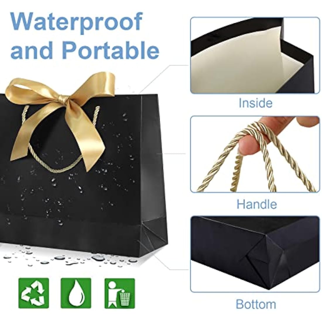 Gift Bags for Presents,Black Gift Bags with Ribbon Bow for Birthday,Wedding,Party,Christmas 12.6x9.8x3.9inches,(Black,8 Pack)