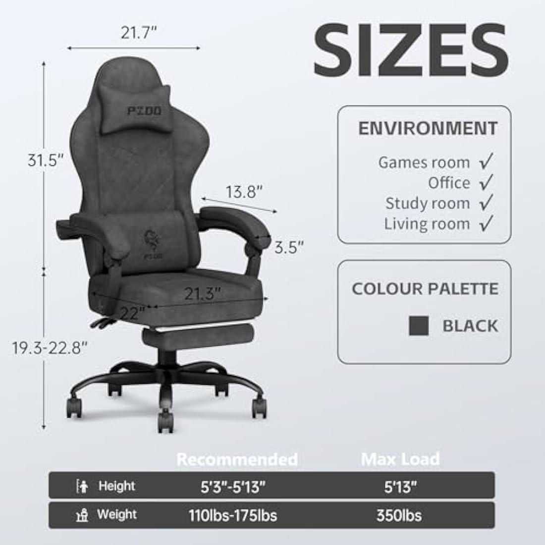 PZDO Gaming Chair, Gaming Chairs for Adults, Ergonomic Computer Chair with Footrest, Reclining Pc Gamer Chairs with Headrest and Lumbar Support, Technical Fabric, Black, 350LBS