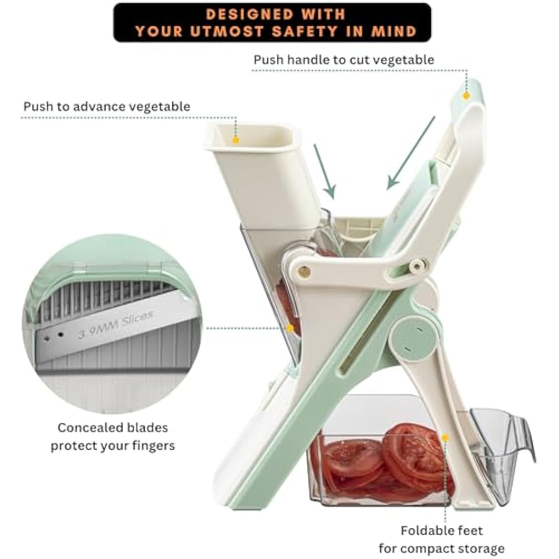 Brieftons Safe Mandoline Vegetable Slicer with 5 Removable Blades to Slice, Julienne, Chip, Chop, Dice Veggies/Fruits, Injury-Free Design, with Catch Container, Cleaning Brush, 5 Recipe Ebooks