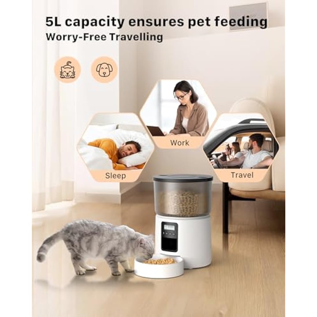 BEMOONY Automatic Cat & Dog Feeder, 5L Food Dispenser with 1-6 Meals, Customized Schedule, Dual Power, Double Lock, 10s Voice Reminder, White