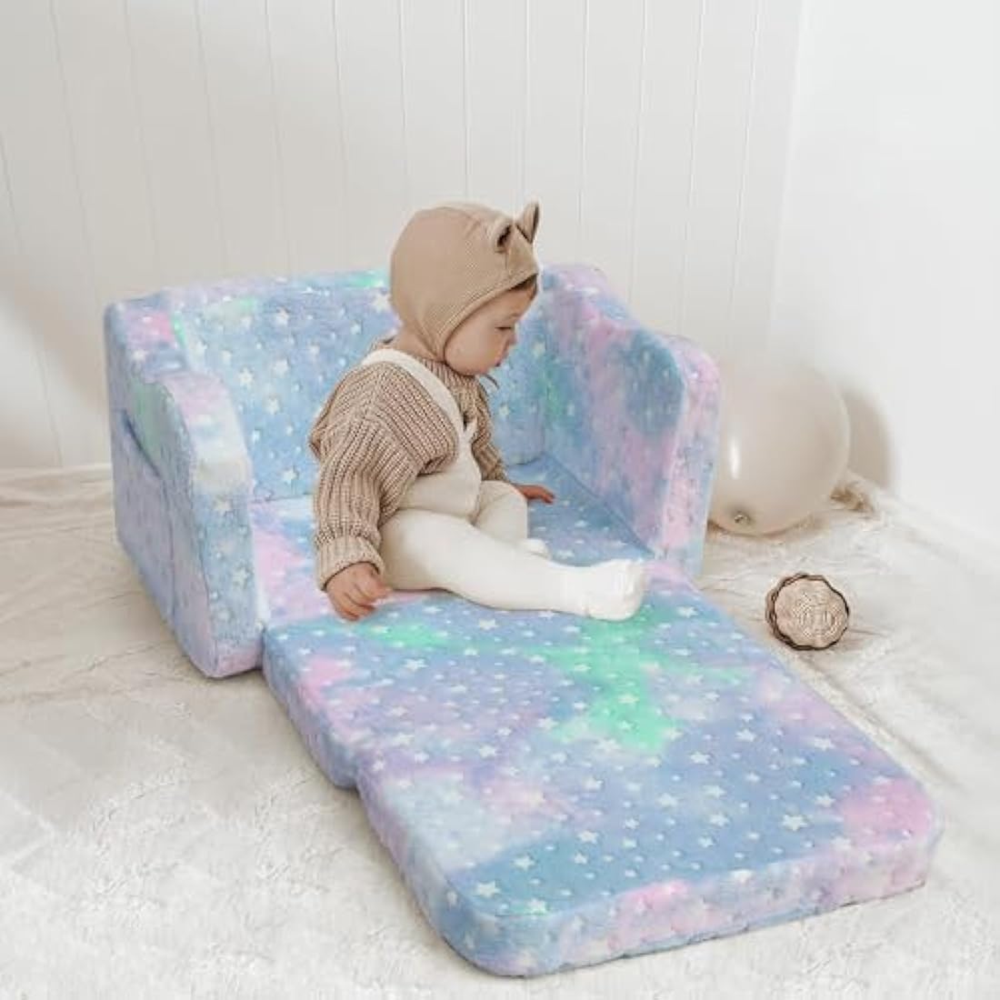 MeMoreCool Kids Couch, Folding Kids Sofa Bed, Toddler Convertible Sofa Chair to Lounger Pull Out Couch for Playroom, Glow In The Dark