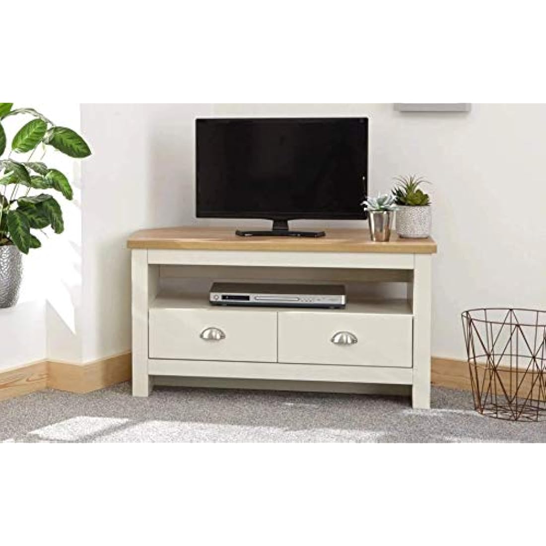 GFW Lancaster Wood Corner TV Cabinet With Shelf & Drawers, Cream, 95 x 51 x 45 cm