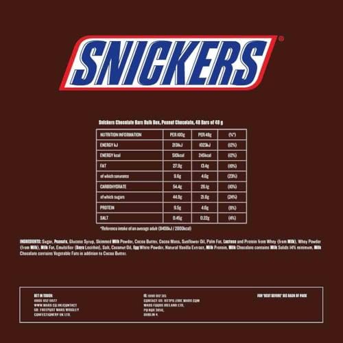 Snickers Chocolate Bars, Caramel, Peanuts & Milk Chocolate Bulk Box, 48 x 48g, Ideal for Gift, Snacks or Hamper
