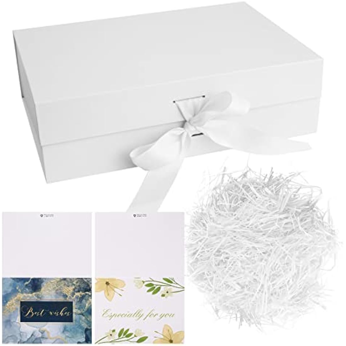 Christmas White Gift Box with Ribbon,Luxury Premium Magnetic Present Boxes with Lids,Large Rectangle Gift Packaging Decorative Box,Presentation Box for Present Gifts Birthdays,Shredded Paper,Cards