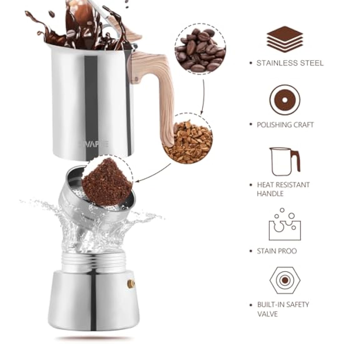 Sivaphe Moka Pot Espresso Maker, Stovetop Coffee Makers, Induction Hob Stainless Steel 6 Italian Cup 300ml 1-2 Mug