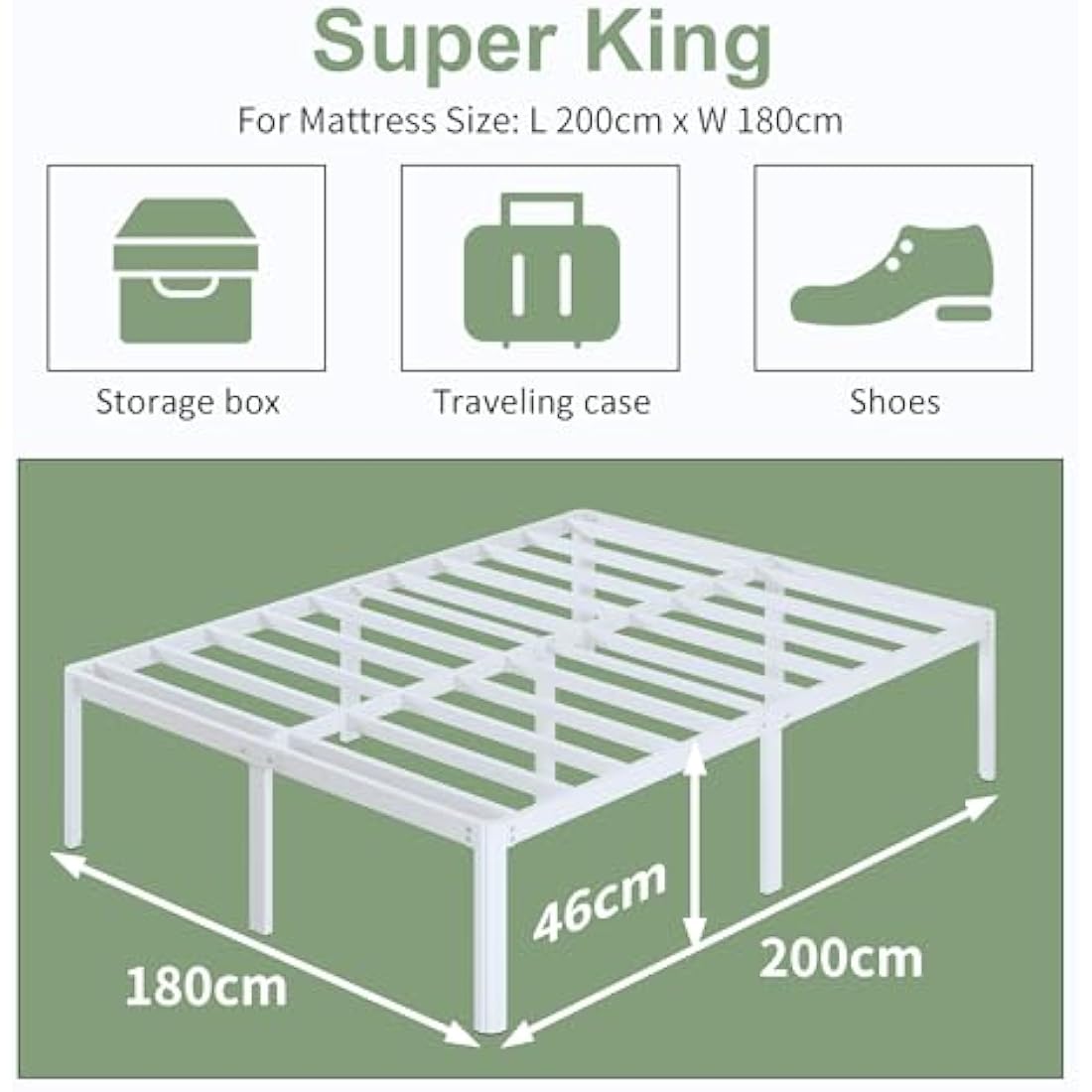 Lutown-Teen Super King Bed Frame 46 cm High with Rounded Corners, Heavy Duty Metal Bed Frames 6ft Super King Size 180x200 with Steel Slats, Ample Storage Underneath, Easy Assembly, White