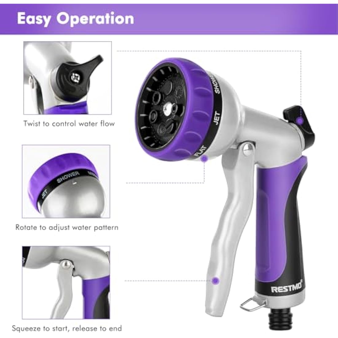 RESTMO Hose Pipe Spray Gun, Heavy Duty Garden Hose Spray Gun, High Pressure Hose Nozzle, Metal Hand Sprayer with 7 Patterns and Water Flow Control, Ideal to Water Plant & Lawn, Wash Car & Pet, Purple
