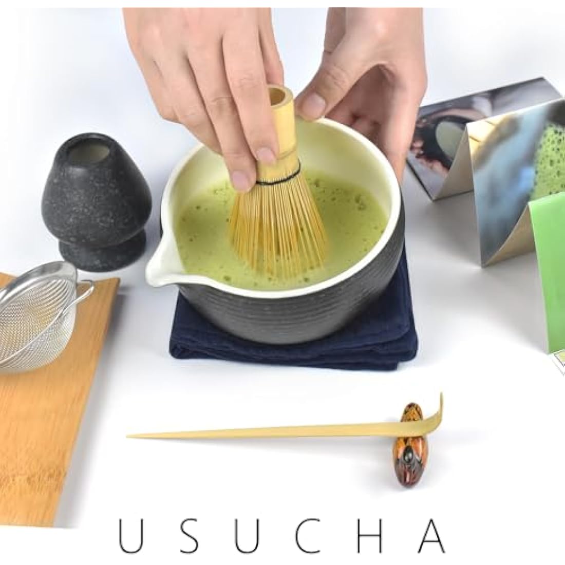 Artcome Bluestone Glaze Matcha Kit for Japanese Tea Ceremony, Bowl with Pouring Spout, Whisk, Tea Scoop, Matcha Powder Strainer, Matcha Tea Set For Making Usucha, Koicha and Matcha Latte (8 PCS)