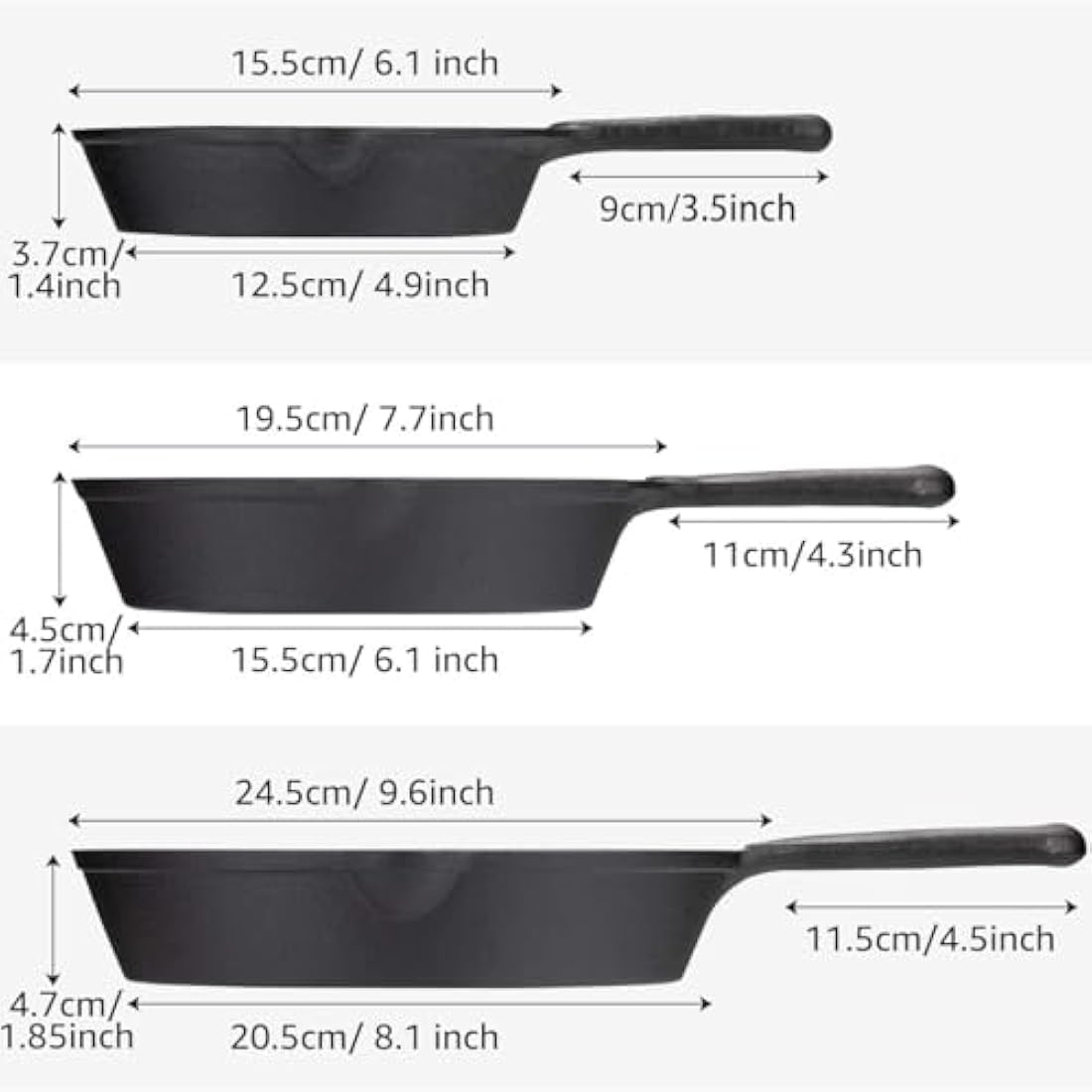 OVERMONT Pre-Seasoned Cast Iron Skillet Set–(9.6Inch-24.5cm) (7.7Inch-19.5cm) (6Inch-15.24cm) Frying Pans Oven Pot Safe Cookware for Indoor, Barbecue, Campfire Cooking Outdoor Use