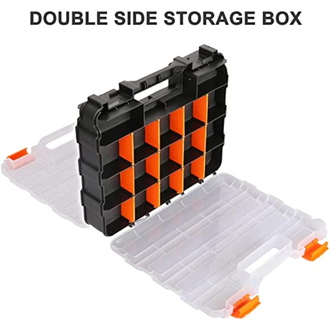 CASOMAN Double Side Tool Organizer, with Impact Resistant Polymer and Customizable Removable Plastic Dividers, Hardware Box Storage, Excellent for Screws,Nuts,Small Parts, Black/Orange. 2-Pieces Pack
