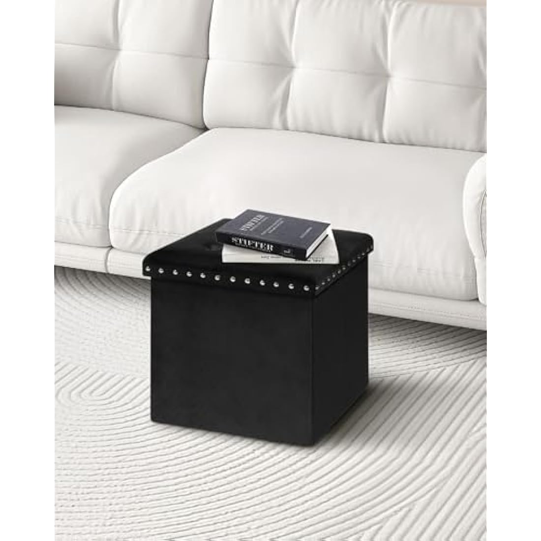 Bonlife Velvet Ottoman with Storage,Large Storage Boxes with Lids,Folding Coffee Table Ottoman Seat,Footstool for Living Room,Black,40x40x40cm