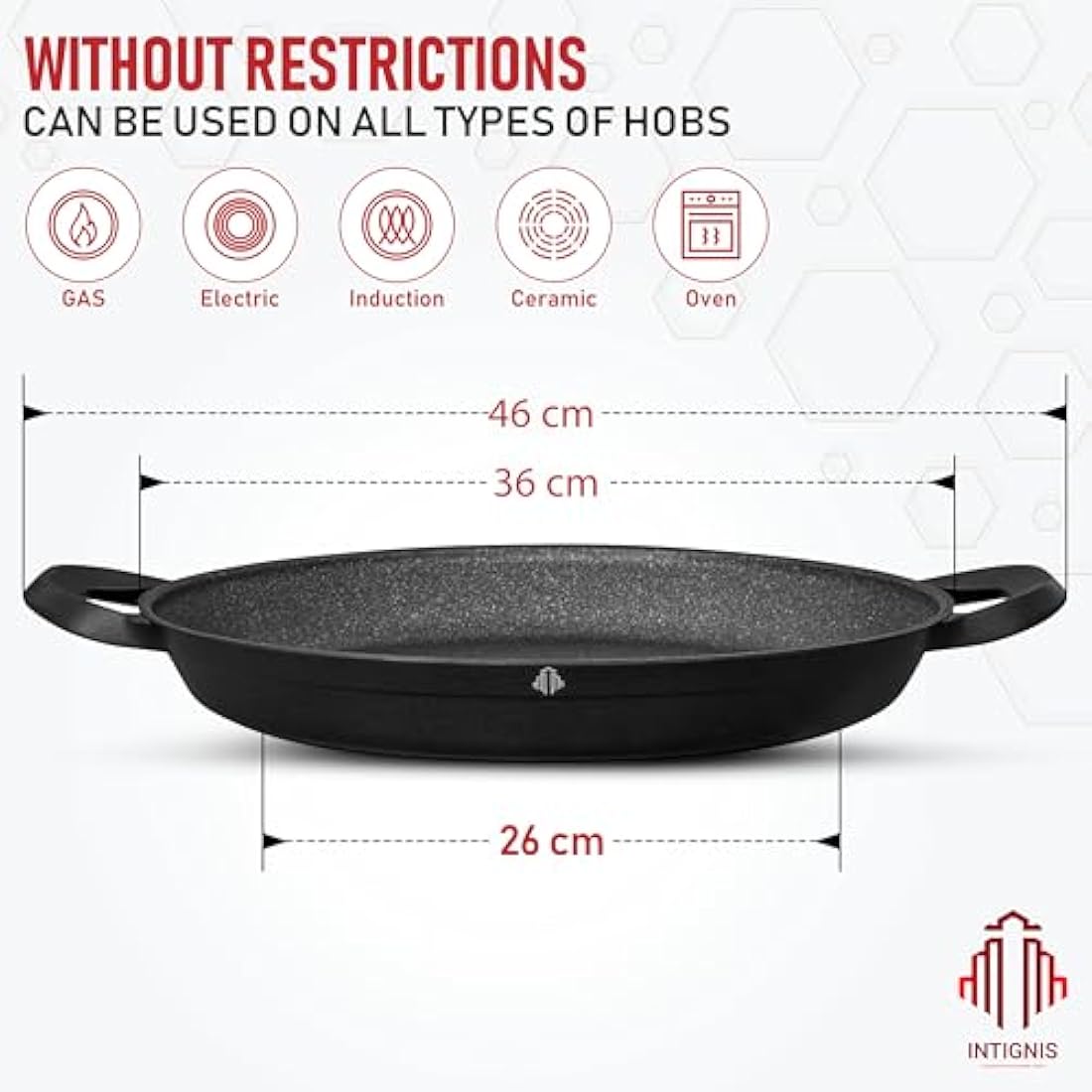 Paella Pan | Glass Lid |Non-Stick | Anti Scratch | Removable Silicone Handles | Ceramic Coating Chemical Free | Induction & Oven Safe | Heavy-Duty | Stainless-Steel Base (Black, 36 CM)