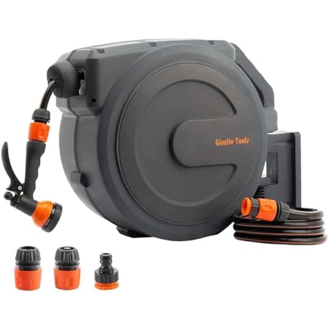 Giraffe Tools Retractable Hose Reel Wall Mounted, 25+2m Garden Hose Reel, 180° Pivotal with 7 in 1 Spray Nozzle, Grey (EUAW-25)