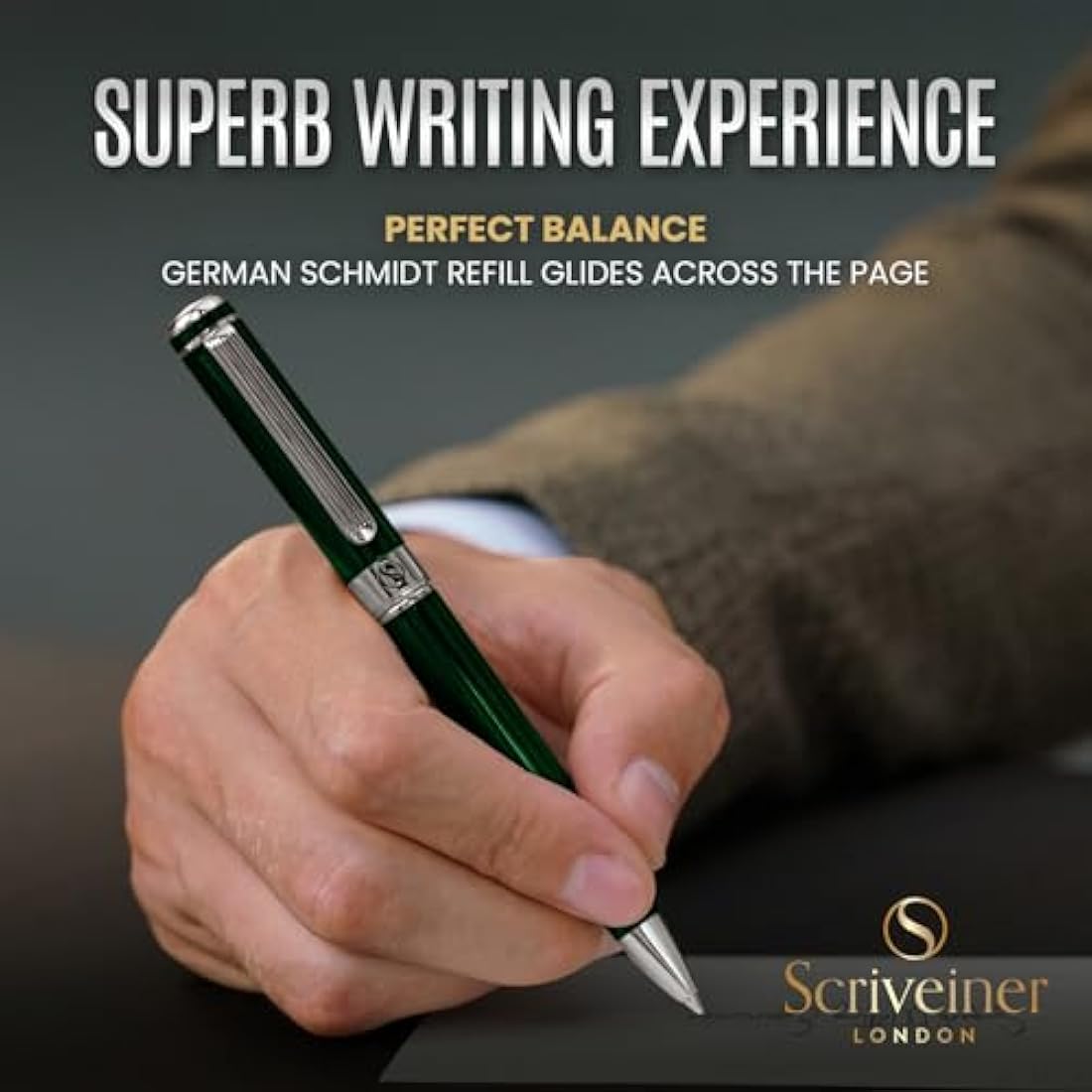 Scriveiner Green Ballpoint - Stunning British Racing Green Luxury Pen, Chrome Finish, Schmidt Black Refill, Best Ball Pen Gift Set for Men & Women, Professional Executive Office