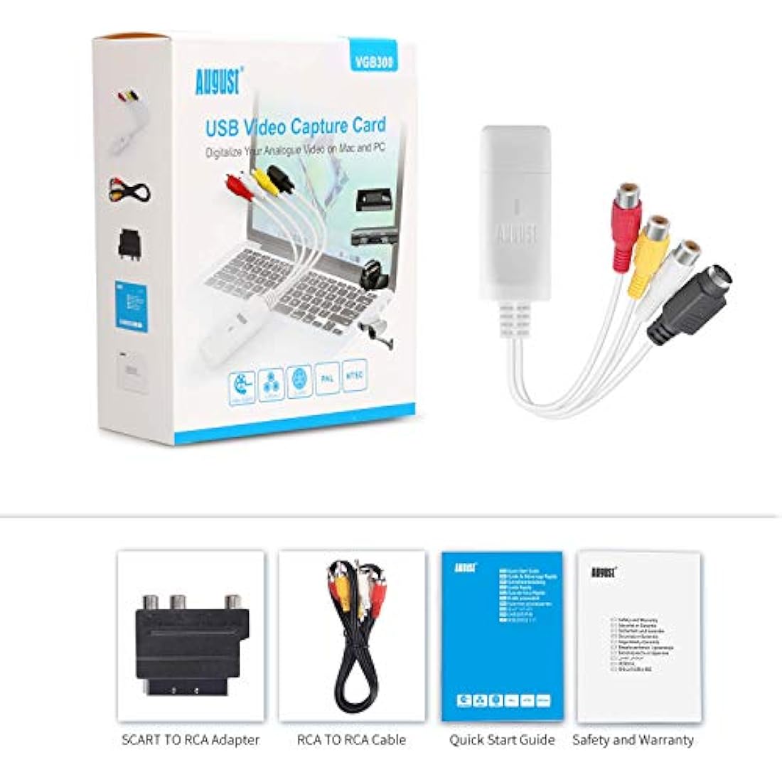 Video Capture Card USB - August VGB300 - Transfer VHS Hi8 8mm Tapes to PC or Mac Composite In or S-Video for Camcorders and Video Recorder VCR/Capture for Xbox 360 and PS3 Gameplay