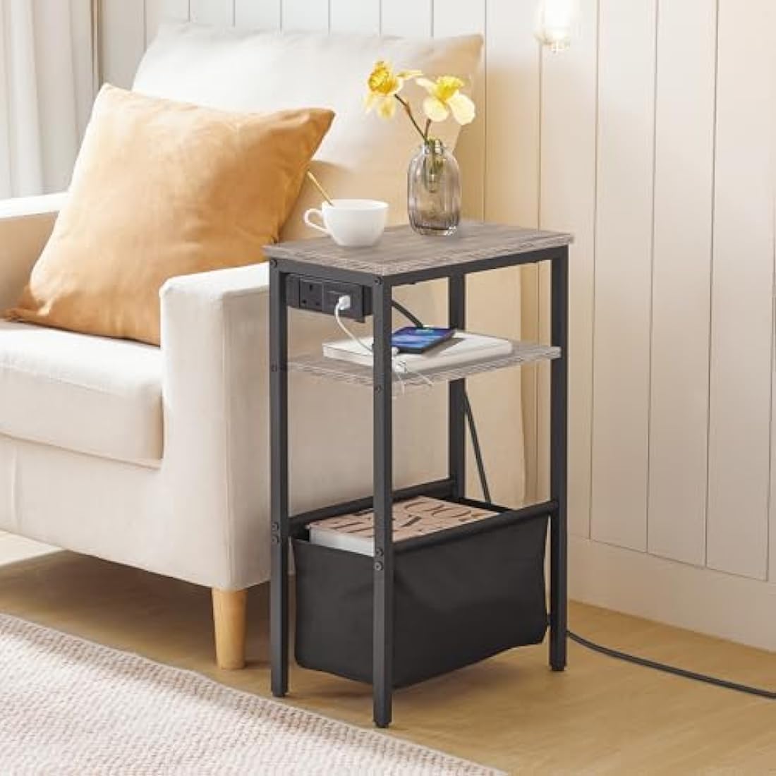 HOOBRO Narrow Side Table, Slim Side Table with Charging Station, USB Ports and Power Outlet, Bedside Table for Small Space, 40 x 20 x 60 cm, for Living Room, Greige and Black EBG125KBZ01