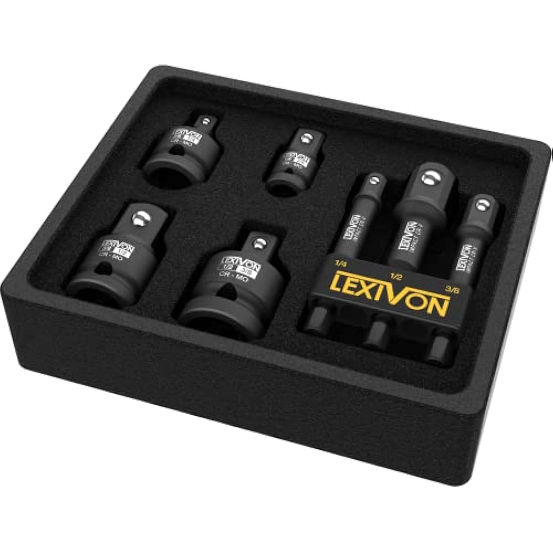 LEXIVON Impact Socket Adapter Combo Kit, 7-Piece Increaser, Reducer & Extension Set | 1/4"-3/8"-1/2" Impact Driver Conversions, Active Rust Protection by Black-Phosphate Coating Treatment (LX-109)