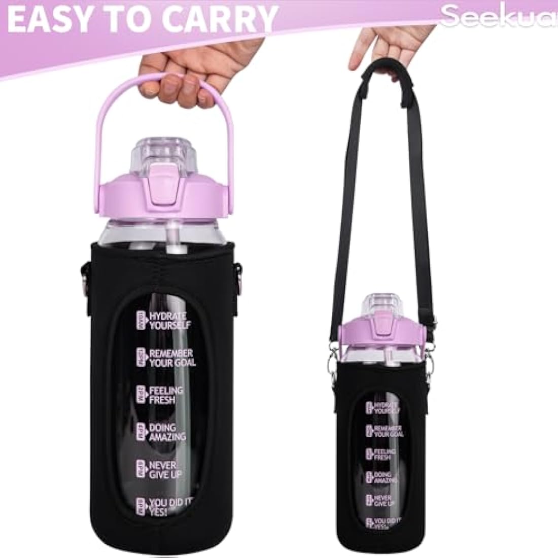 Seekua 2l Glass Water Bottle with Straw & Motivational Time Markings 2 litre Large Leakproof Gym Drinking Bottle