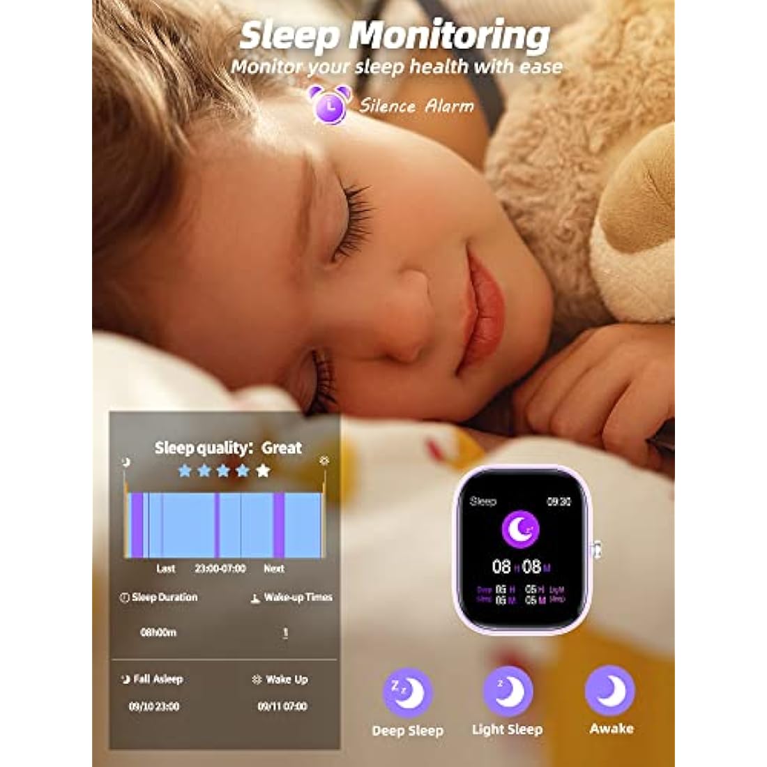 Slothcloud Kids Smart Watch for Boys Girls,IP68 Waterproof Fitness Activity Tracker Watch,Heart Rate Sleep Monitor,8 Sport Modes,Pedometers,Calories Counter,Alarm Clock,Kids Gifts Teens 5+ (Pruple)