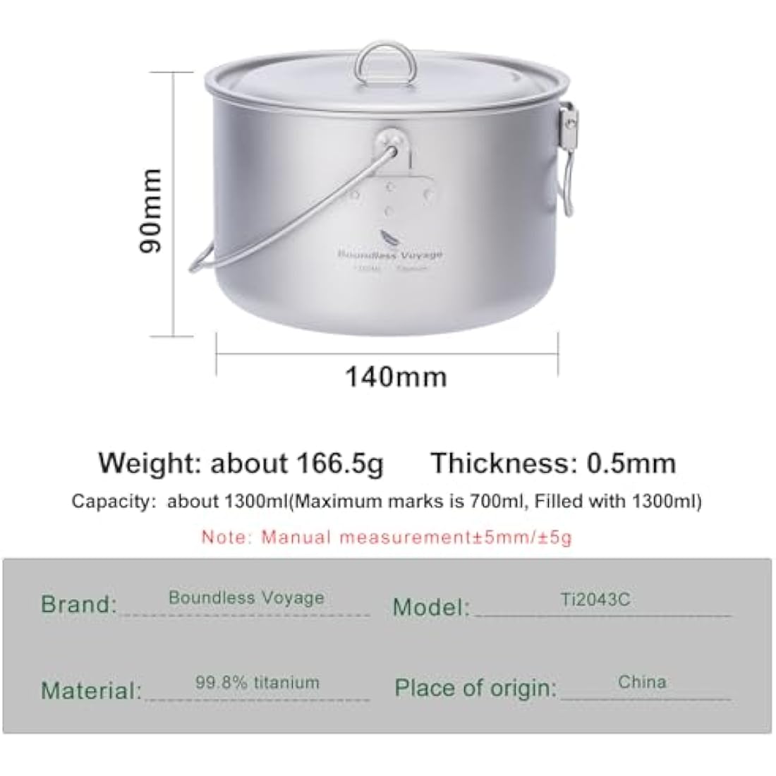 Boundless Voyage Outdoor 1300ml Titanium Pot with Lid Folding Bail Handle Camping Hiking Picnic Ultralight Portable Water Bottle Cup Mug Spork Set (1300 pot)